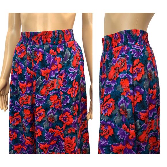 Vintage 80s Purple & Red Floral Rayon Midi Skirt | Full Skirt | Small - Picture 4 of 9